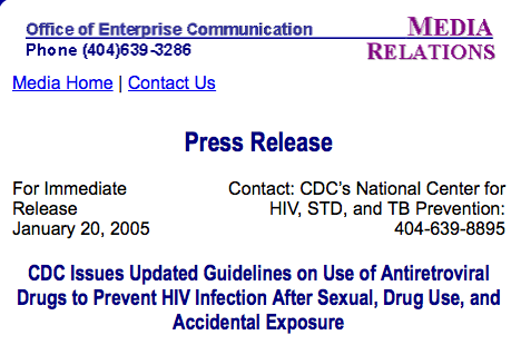 Photo of press release titled "CDC Issues Updated Guidelines on Use of Antiretroviral Drugs to Prevent HIV Infection After Sexual, Drugs Use, and Accidental Exposure."